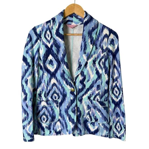 Lilly Pulitzer Mindy Shawl Collar‎ Cardigan Blazer in Blue Swish Print, Size XS - Picture 1 of 11